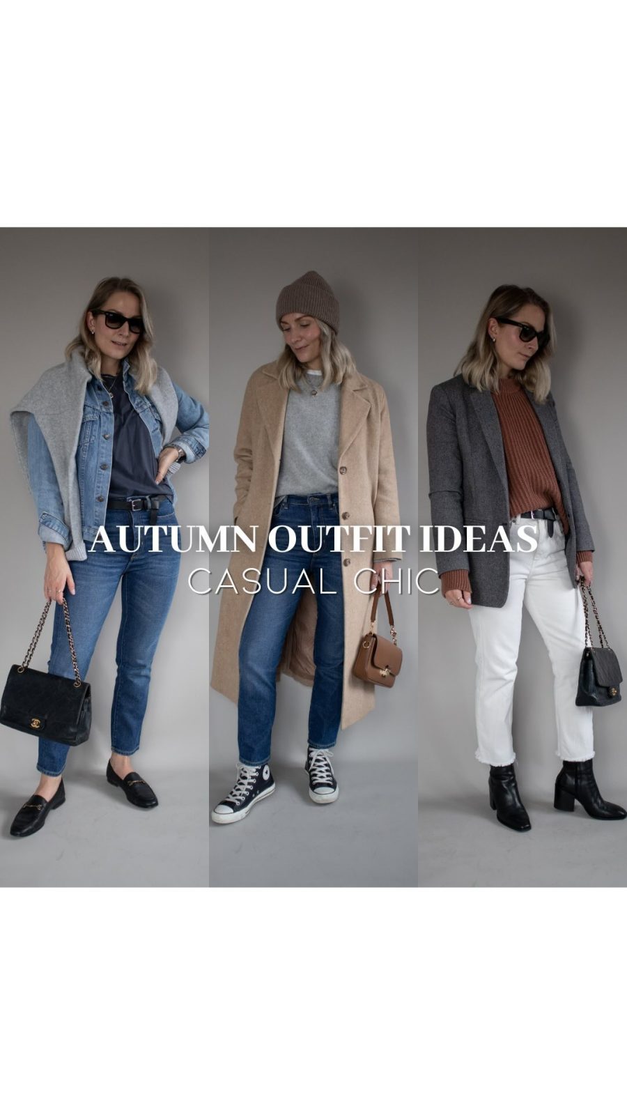Casual autumn capsule outfit ideas 🍂 My personal fave is that all denim look, you guys know I’m a sucker for all things blue 💙⁠
⁠
(Jeans are new from @armedangels, everything else are all old faves 💘 The overshirt is a hand-me-down @everlane number from my husband, it adds warmth and I think it looks quite cool as an extra layer under the coat!)