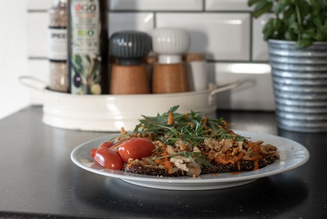 Scrambled tofu on fried bread