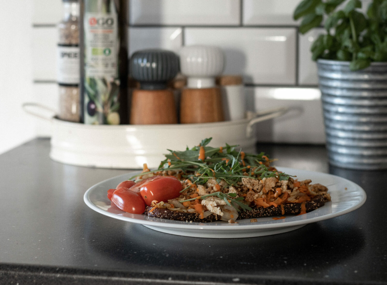 Scrambled tofu on fried bread